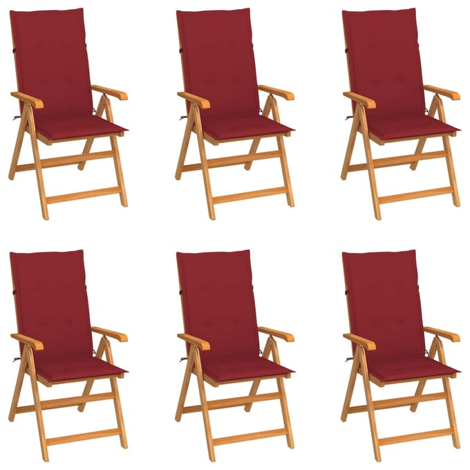 vidaXL - Inklapbare - stoelen - 6 - st - met - wijnrode - kussens - massief - teakhout