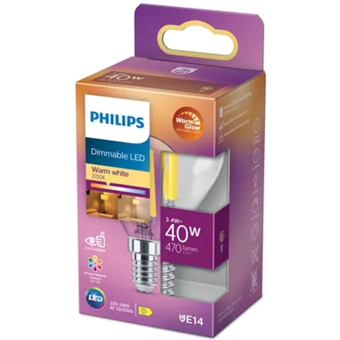 Philips Ledfilamentlamp Peertje Classic - D4,5cm - Dimbaar - Warm Wit - E14 - 3,4w