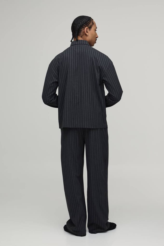 Pinstripe Oversized Shirt & Wide Leg Pleat Front Trouser Set | Charcoal | Size Medium