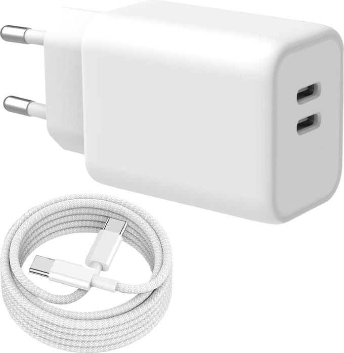 45w Oplader usb-C 2 Poorten + usb-C naar usb-C Kabel - 2 Meter - Snellader usb C Adapter