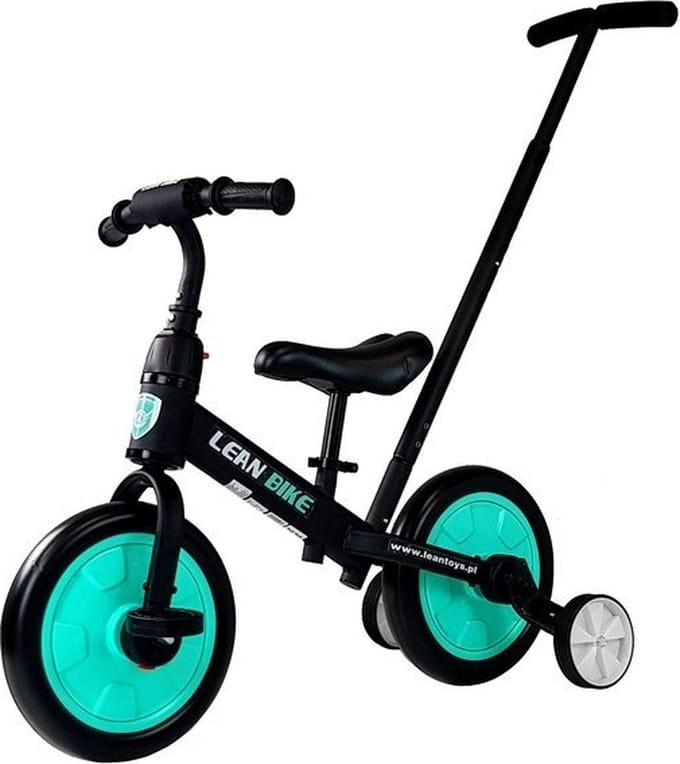Loopfiets - driewieler met duwstang - 3-in-1 - zwart mintgroen