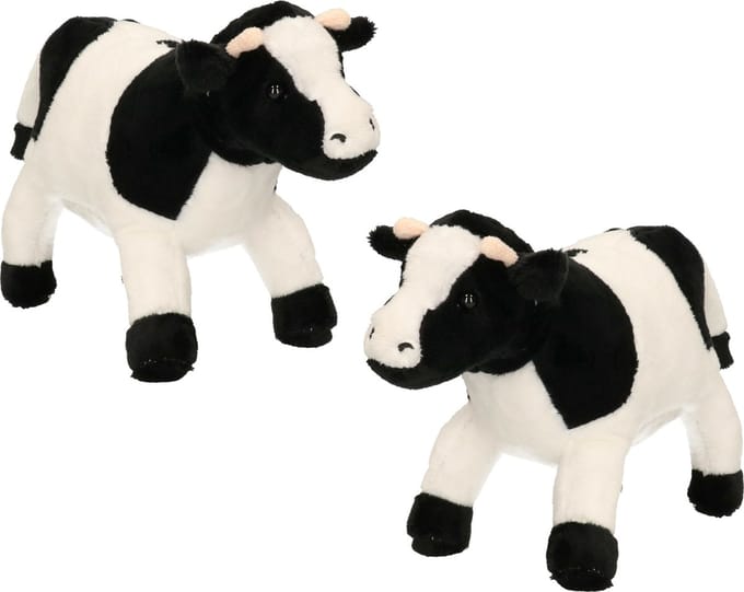 Cornelissen Pluche knuffel dier Koe - Set van 2x stuks - zwart/wit - 23 cm - Boerderij dieren