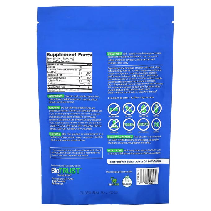 Keto Elevate, C8 MCT Olie Poeder, Franse Vanille Smaak, 181G(6.3oz)