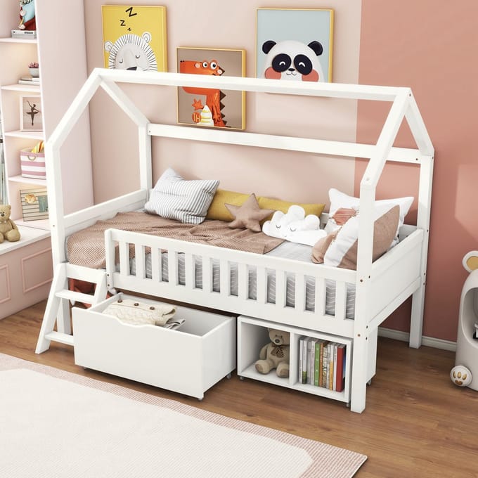 Sweiko Kinderbed - 90x200cm - Met Lades + Opslagvakken - Uitvalbeveiliging - Wit
