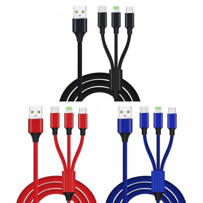3 in 1 Oplaadkabel Snel Opladen Kabel Gegevens Compatibel met iOS/Android Apparaten zwart