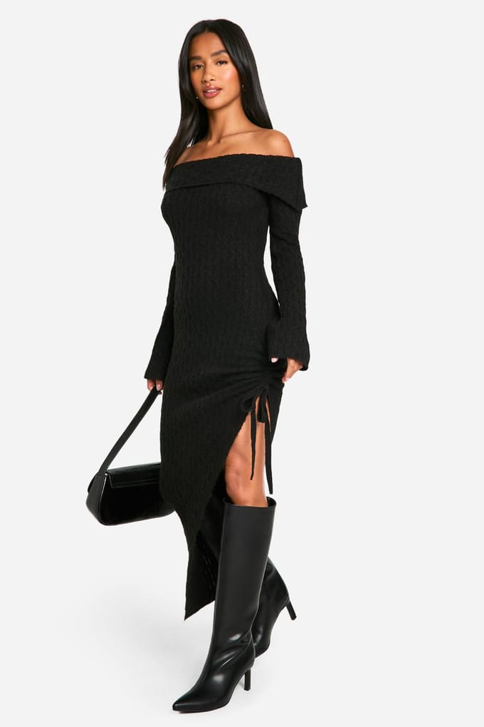 boohoo Dames Petite Soft Cable Asymmetrische Saum Bardot Maxi Jurk | Black | Maat: Large