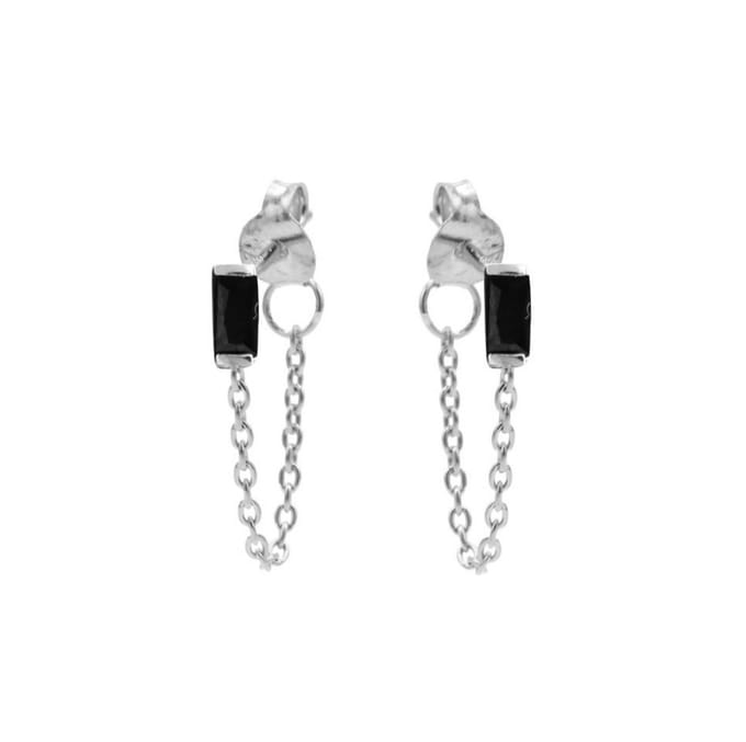 Karma Chain Oorbel Black Zirconia Single Square Zilver Plated M3132