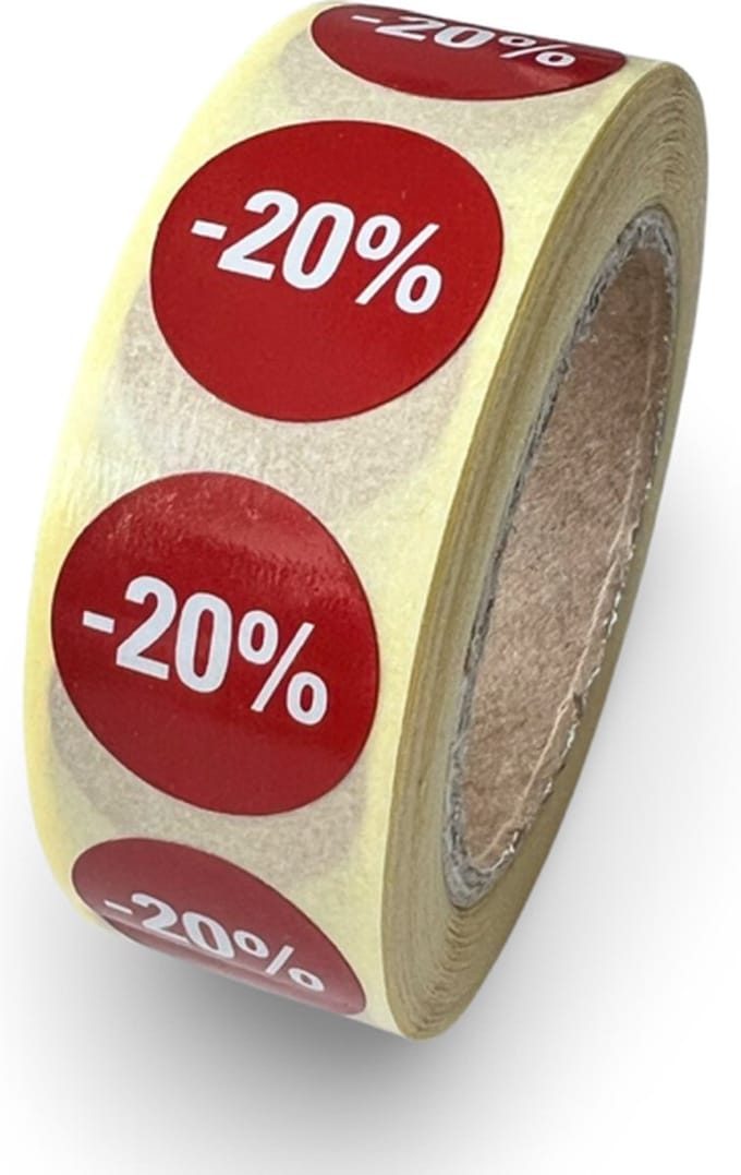 Kortings etiket op rol 20% - 500 stuks - rond 20mm