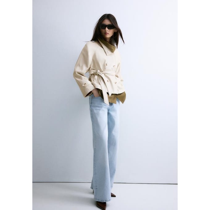 Stradivarius Trenchcoat met opstaande kraag en leereffect  Ecru M