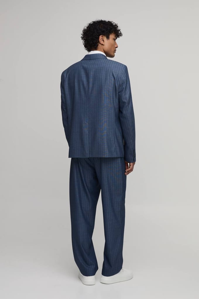 Gestreepte Denim-look Relaxed Fit Blazer | Navy | Size 36