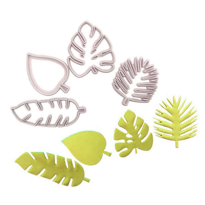 Lot de 4 emporte-pièces en forme de feuilles tropicales, pour décoration de gâteaux Luau white
