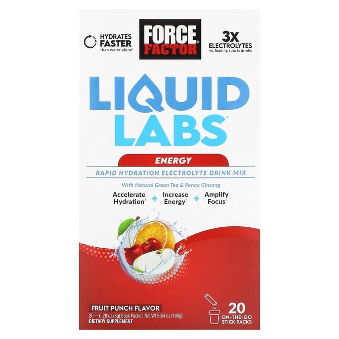 Force Factor, Liquid Labs Energy, Snel Hydraterend Elektrolytendrankpoeder, Fruit Punch, 20 Sachets, 0.28 oz (8 g) Elk