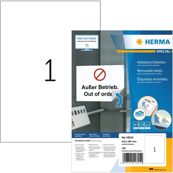 Etiket HERMA 10315 210x297mm verwijderbaar wit 100 stuks