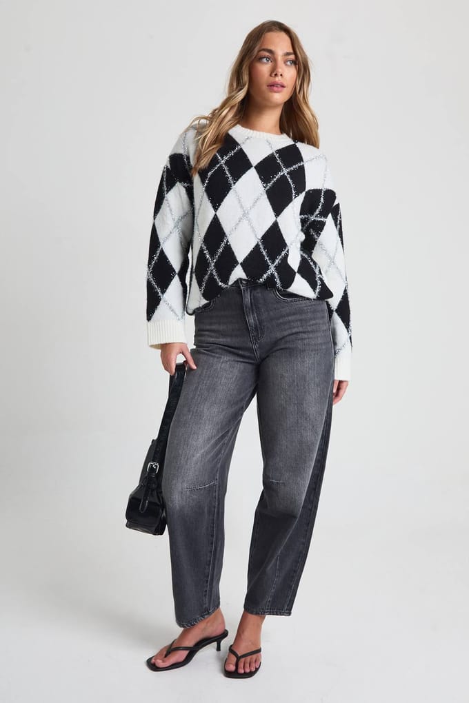 boohoo Dames Glitter Argyle-print oversized trui | Mono | Maat: Small