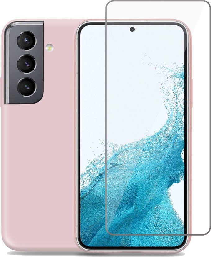 Geschikt voor Samsung S22 Plus Hoesje + Screenprotector – Gehard Glas Cover - Suède Case Rose