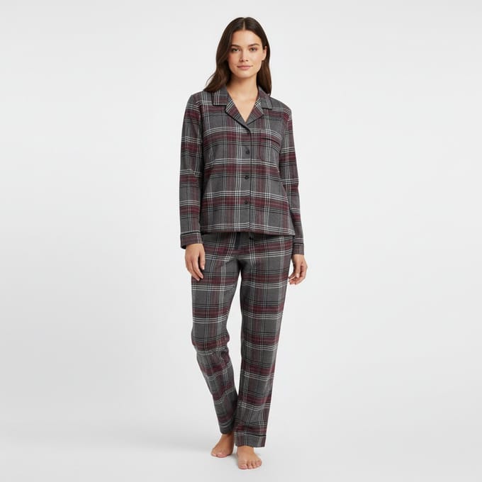 La V Flanel pyjamaset voor dames met geruit patroon Grijs-bordeaux rood L