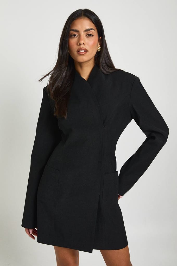 boohoo Dames Gestructureerde Hoge Hals Wikkel Voorkant Blazer Jurk | Zwart | Maat: 44