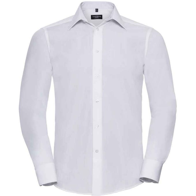 Russell Collection Heren Poplin Getailleerd Formeel Overhemd Met Lange Mouwen (Wit)