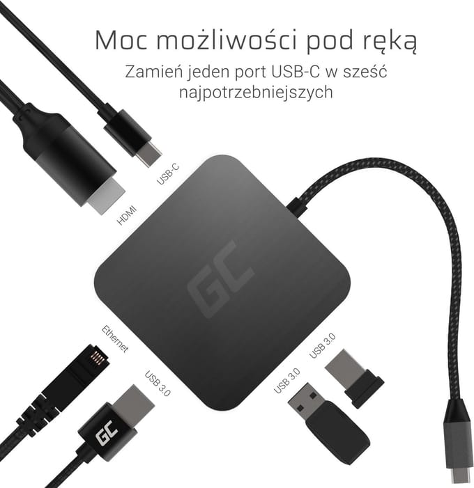 GREEN CELL Docking Station HUB USB 6in1 (USB 3.0 HDMI Ethernet USB-C) voor Apple MacBook, Dell XPS, Asus ZenBook