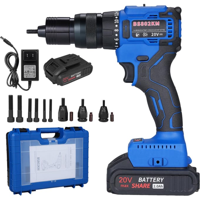 Machine à riveter sans fil 20 V avec batterie 2,0 Ah, kit d'écrous à rivets électriques 2 en 1 avec mode mémoire et bleu