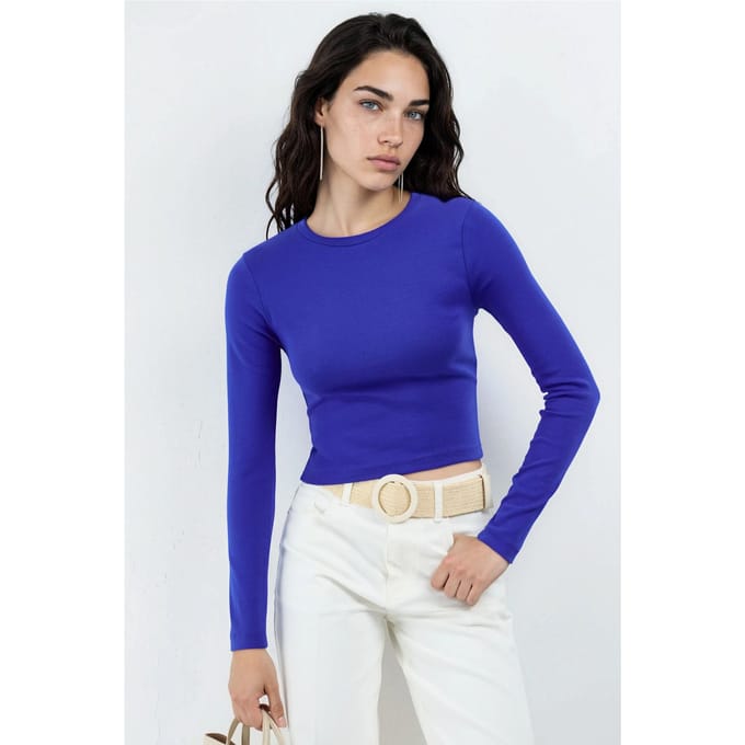 Slim Fit Lange Mouwen Crop Top met Ronde Hals