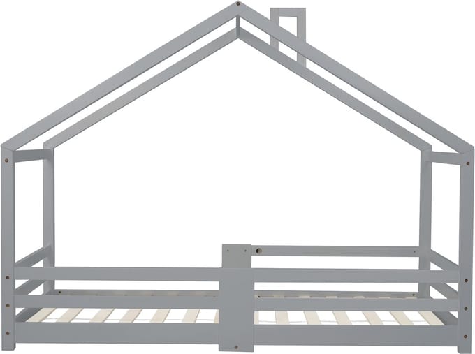 Kinderbed Huisbett met Schornstein, Grau, 90 x 200 cm zonder Matras - Robuste Lattenbodem, Rausfallschutz