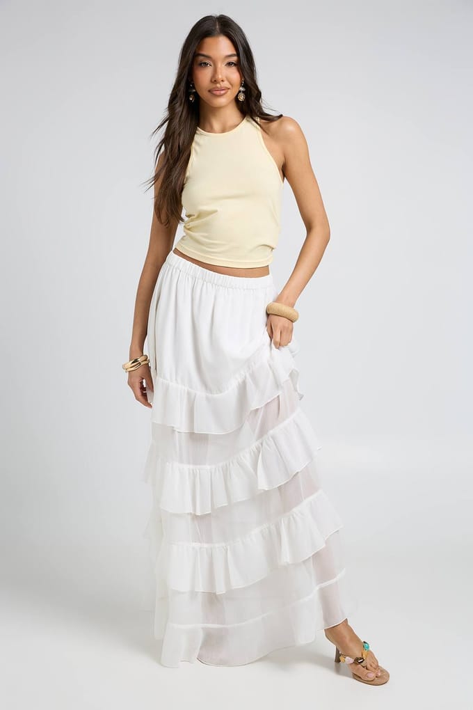 boohoo Dames Gelaagde Maxi Rok Met Ruches Van Chiffon | Wit | Maat: 42