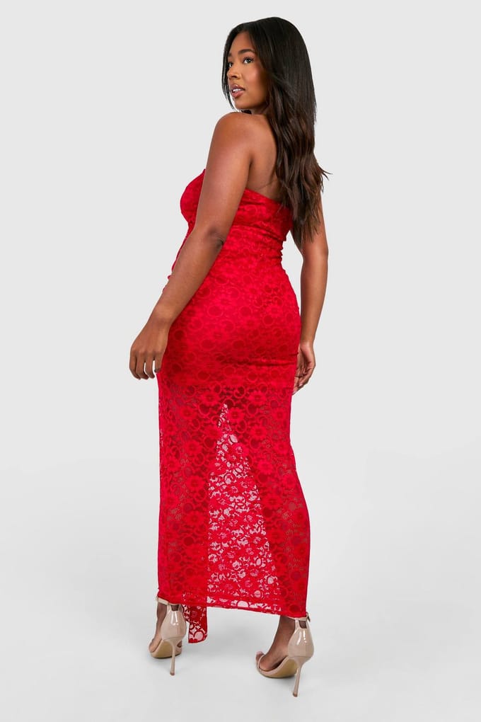 boohoo Dames Plus Strapless Lace Bodycon Jurk | Donkerrood | Maat: 56