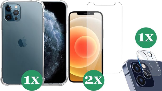 Hoesje geschikt voor iPhone 12 Pro Max Transparant Shock Case - 2x Screenprotector Glas + 1x Camera Screen Protector