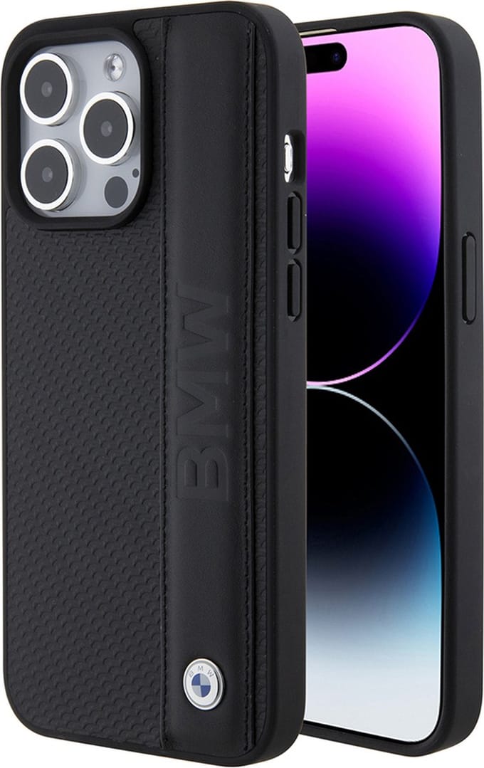 BMW Leather Textured & Stripe iPhone 15 Pro Max Case - Black