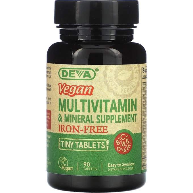 Deva, Vegan Kleine Tabletten, Multivitamine en Mineralensupplement, IJzerarm, 90 Tabletten