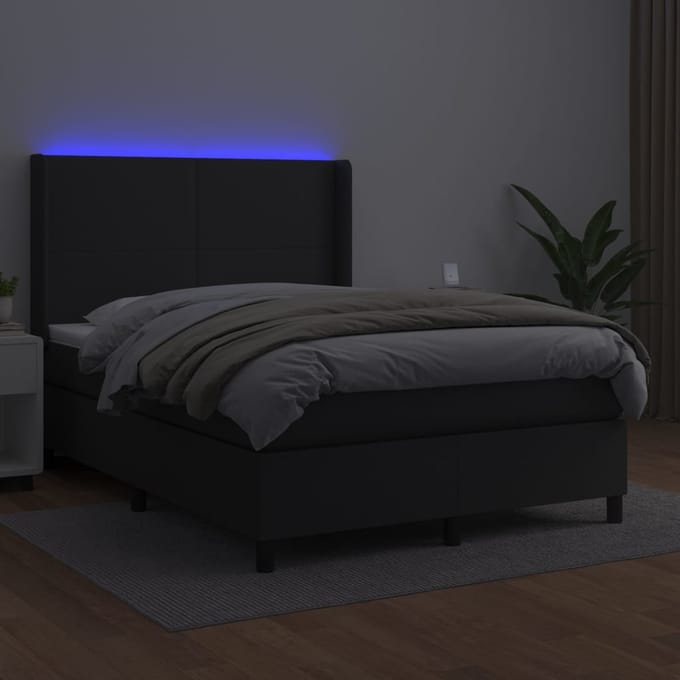vidaXL - Boxspring - met - matras - en - LED - kunstleer - zwart - 140x190 - cm