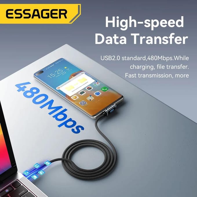 Essager PD100W USB Type C naar USB C-kabel 5A snellaadkabel 90 ° LED digitale displaykabel voor Huawei Xiaomi Samsung MacBook 2m grijs