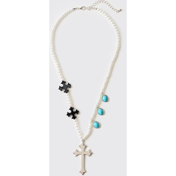 Faux Pearl Necklace with Black Cross and Teal Gemstones