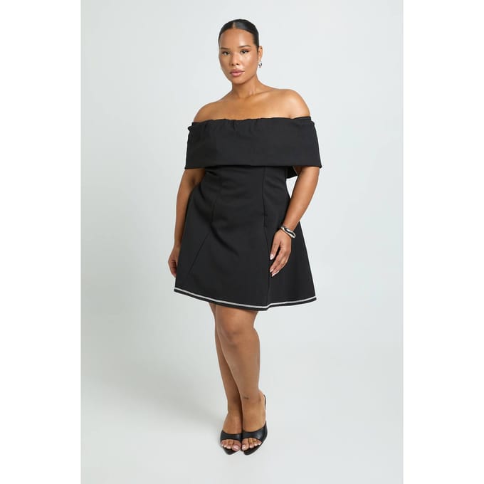 boohoo Dames Plus gestructureerde Diamante Bardot skaterjurk | Black | Maat: 16