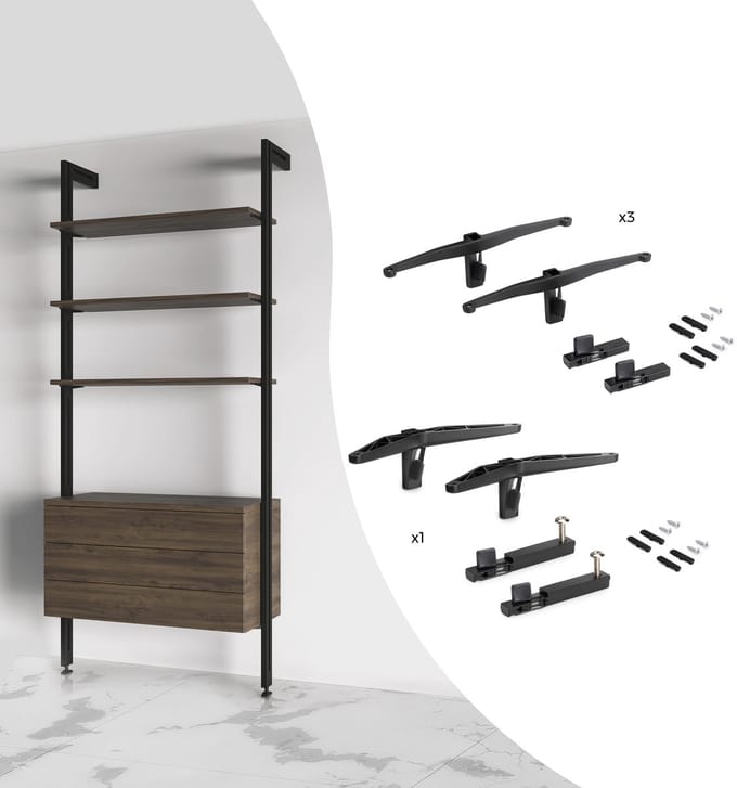 Emuca Kit van Kit met steunen voor 3 houten planken en 1 module voor Zero structuur, Zamak, Steengrijs geschilderd