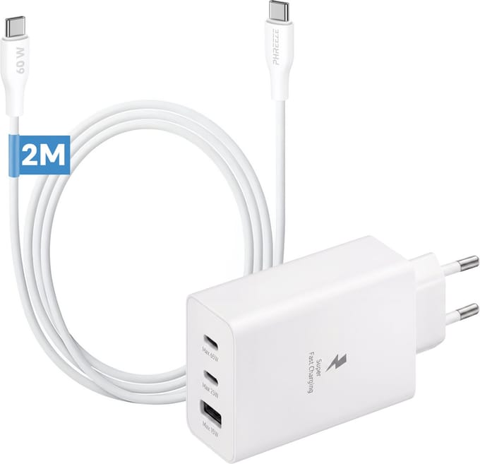 Phreeze 65W 3 Poorten USB Adapter + USB C naar USB C Kabel 2 Meter Rubber Soepel Wit