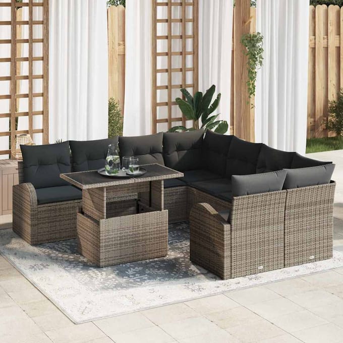 vidaXL Tuinbank Set met kussen met opslag 9 pcs Grijs Poly Riet