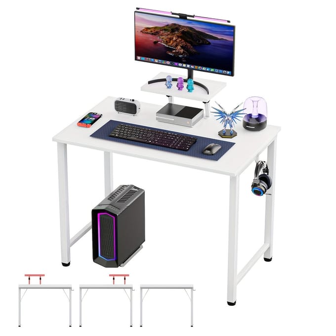 Bureau-Computerbureau met Verwijderbare Hoogteverstelbeugel-Stevige Eiken Afwerking-Ruimtebesparend ontwerp-(80.01cm x 39.88cm x 74.93cm)-WIT.