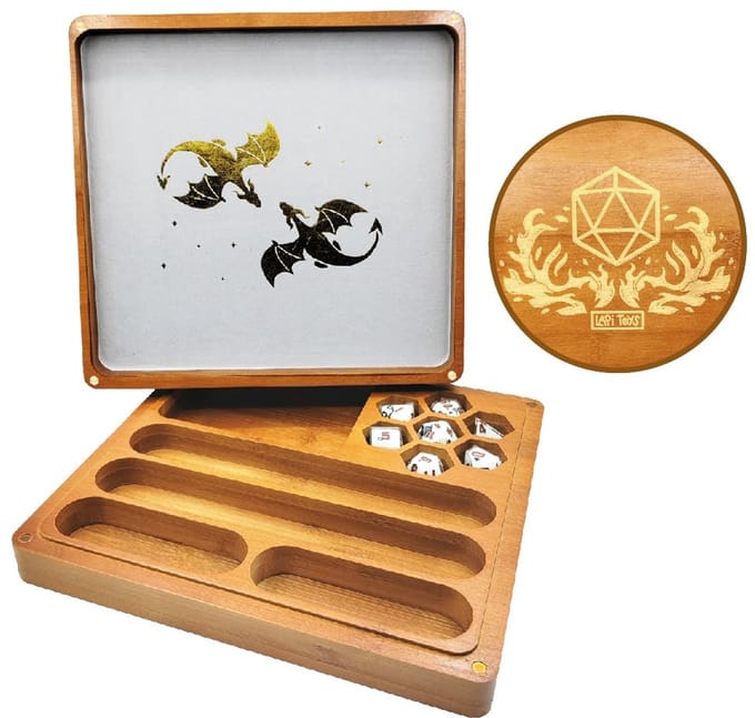 Lapi Toys - Dungeons and Dragons dice tray - Polydice tray - Dobbelsteenbak met deksel - Dobbelpiste - Rolling tray - Hout - Bruin