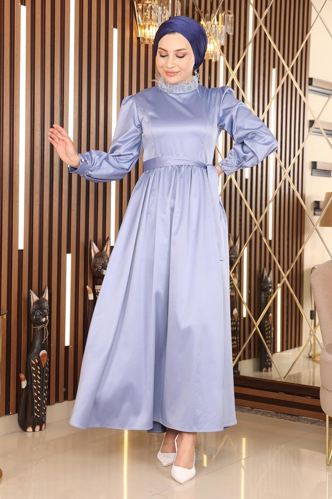 Veer Detailed Satijn Avondjurk Blauw