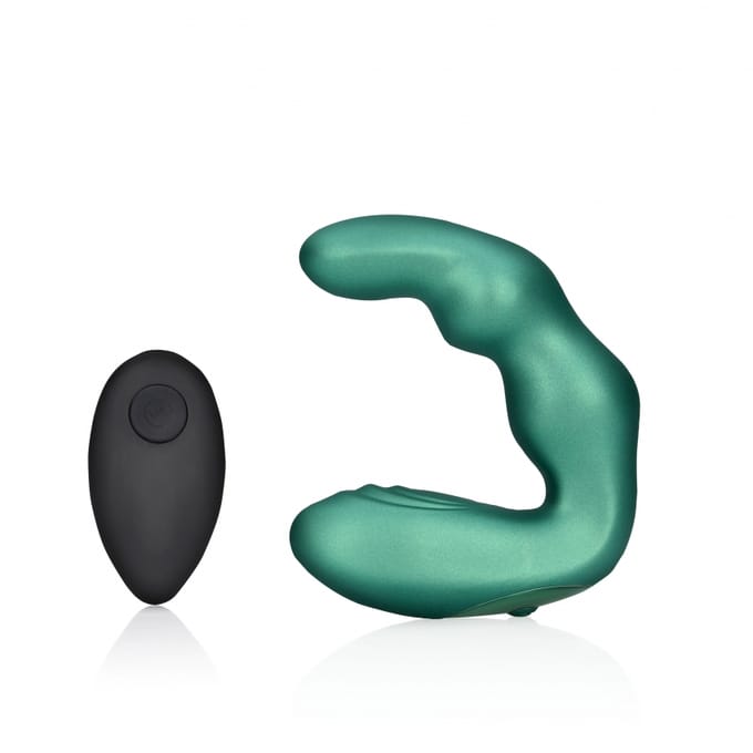 Shots - Ouch! OU905MGR - Bent Vibrating Prostate Massager with Remote Control - Metallic Green