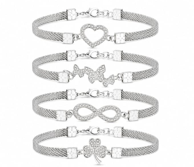 EmmyRovi Set van 4 Armbandjes Dames – Hart, Vlinder, Infinity & Klaver – Armband - Verzilverd Cadeau set
