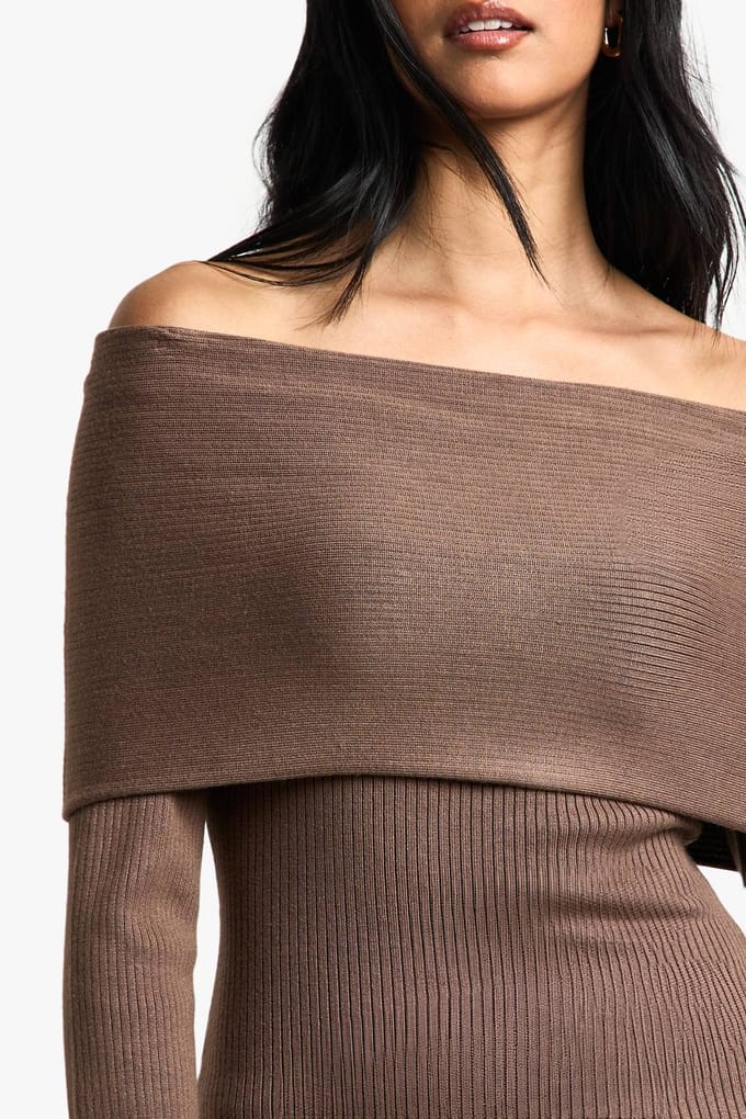 boohoo Dames Premium Rib Gebreide Bardot Trui | Mushroom | Maat: Medium