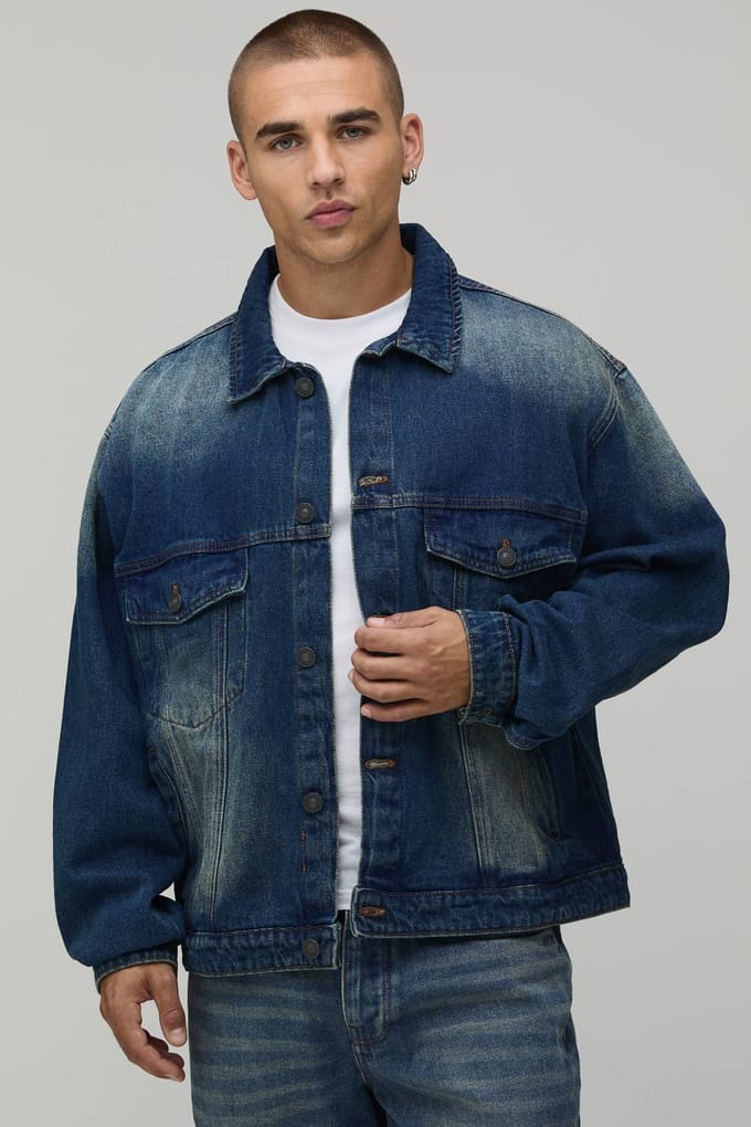 Boxy Oversized Washed Denim Jacket | Mid Wash | Size Medium