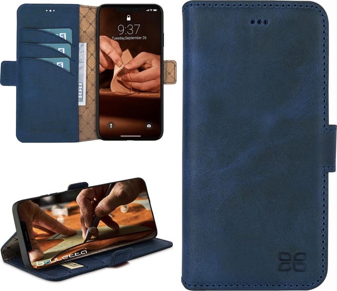 Bouletta geschikt voor iPhone 13 Pro Max lederen BookCase hoesje - Antic Blue