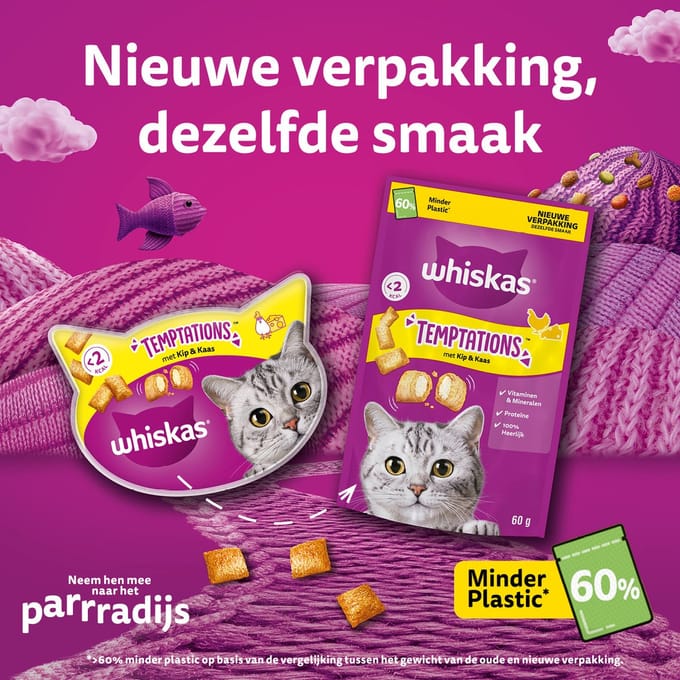 Whiskas Kattensnacks - Temptations Snoepjes - Kip en Kaas - 8x60g