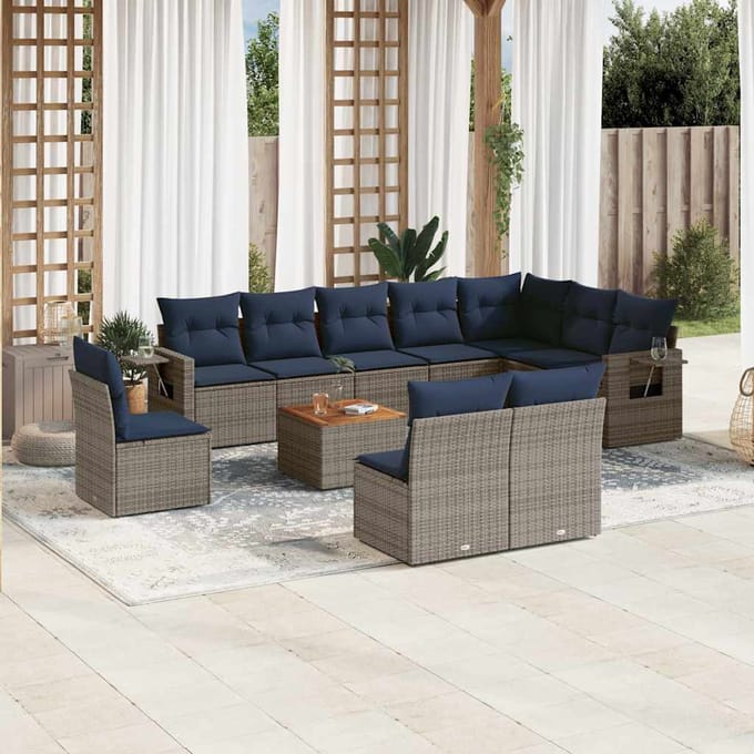vidaXL - 11-delige - tuinbankset - met - kussens, - grijs - polyrotan