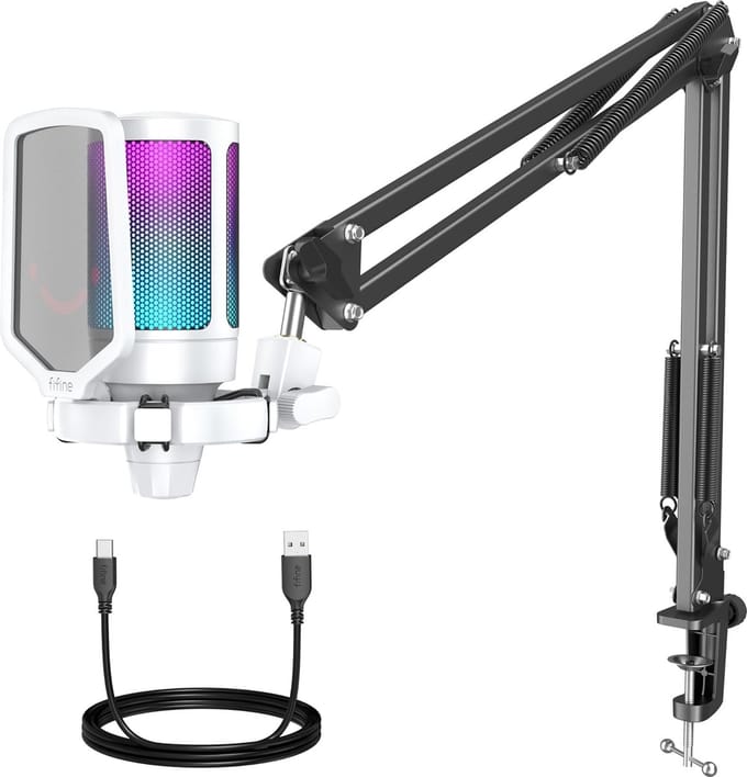FIFINE - A6T - Wit - USB Studio microfoon - PC-Gaming Met Flexibele Arm ( 66cm! ) - Geschikt voor PC/PS4/PS5 - RGB - Podcast - Gaming - Streaming - Zwart