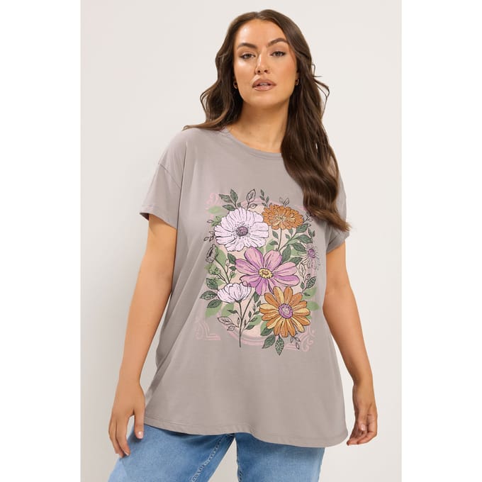 Yours Mokkabruin Tshirt Met Bloemenprint Size 48